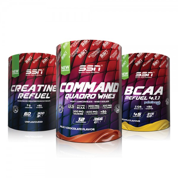 Fitness Eco Kombinasyonu 1 (SSN Command 366 gr Çikolata + SSN Bcaa 315 gr + SSN Creatine 300 gr)