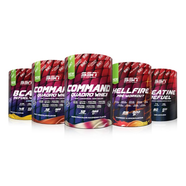 Quadro Large Kombinasyonu 1 ( SSN Command 366 gr Çikolatalı +  SSN Command 366 gr Beyaz Çikolata  Ahududu + Bcaa 315 gr + 300 Gr Creatine +300 Gr  Hellfire)