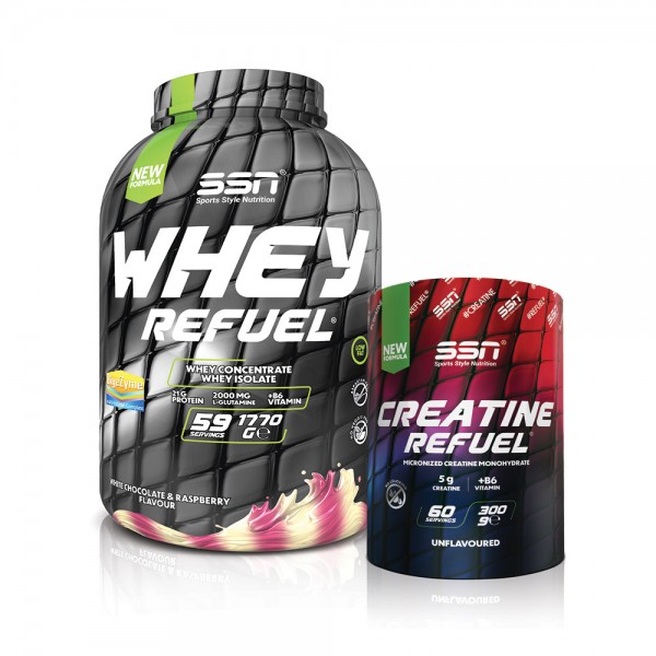 Refuel Kombinasyonu 4 (SSN Whey Refuel Beyaz Çikolata Ahududu + SSN Creatine 300g Aromasız)